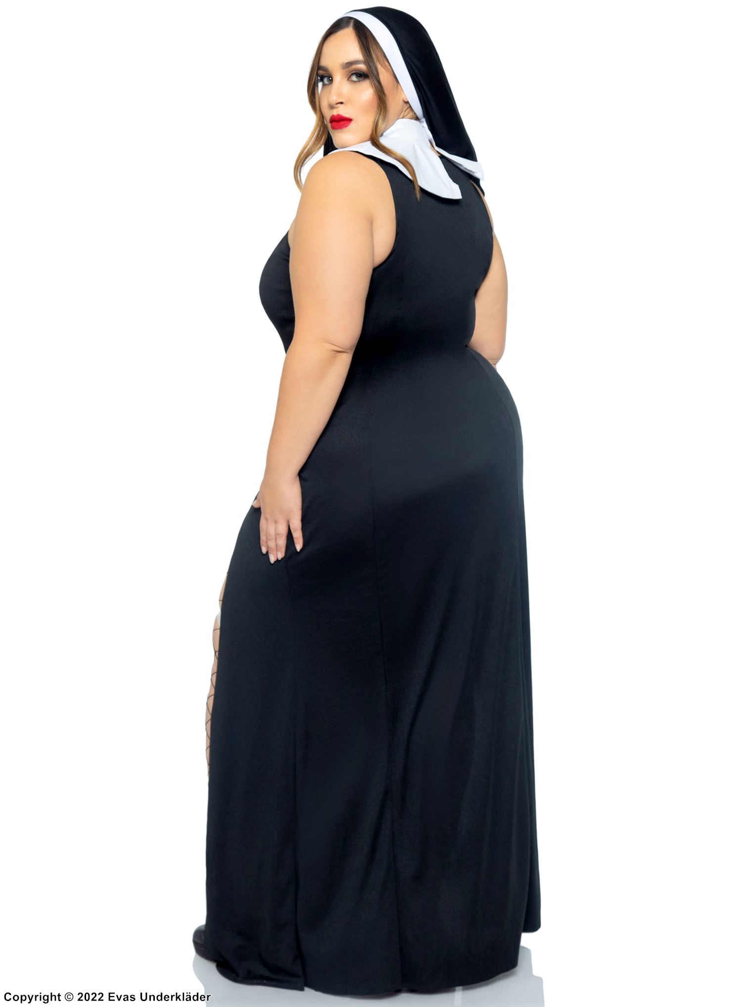 Nonne, Kostüm-Kleid, hoher Schlitz, eingebauter Strumpfbandgurte, christliches Kreuz, Plus Size